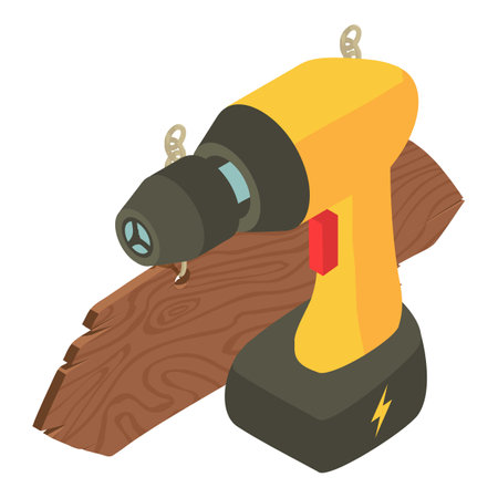 Professional tool icon isometric vector. Electric screwdriver and wooden plank. Industrial equipment, construction workのイラスト素材
