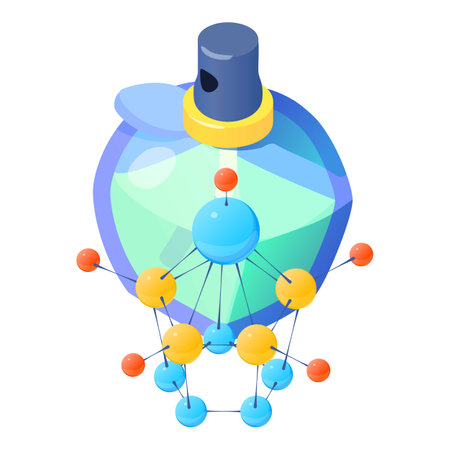 Perfume concept icon isometric vector. Bottle of perfume and molecule symbol. Parfum de toilette, aroma, perfumeryのイラスト素材