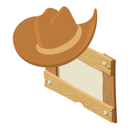 Cowboy headdress icon isometric vector. Brown leather cowboy hat on wooden board. Wild west symbolのイラスト素材
