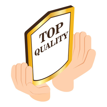 Top quality icon isometric vector. Golden top quality sign in human hand icon. Choice conceptのイラスト素材