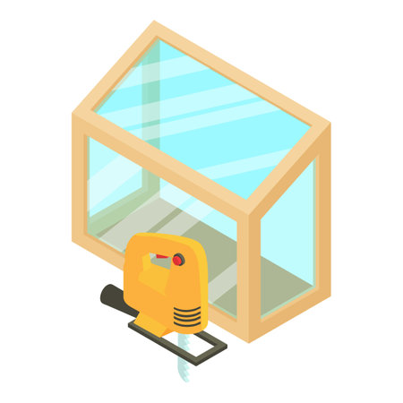 Woodworking icon isometric vector. Electric jigsaw near new panoramic window. Construction and repair workのイラスト素材