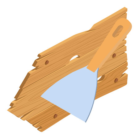 Renovation work icon isometric vector. Putty knife instrument and wooden board. Construction and repair conceptのイラスト素材
