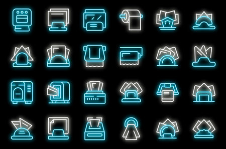 Napkin holder icons set outline vector. Table paper. Cafe tissue neon color on blackのイラスト素材