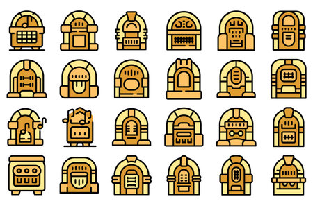 Jukebox icons set outline vector. Machine dance. Music restaurant thin line color flat on whiteのイラスト素材