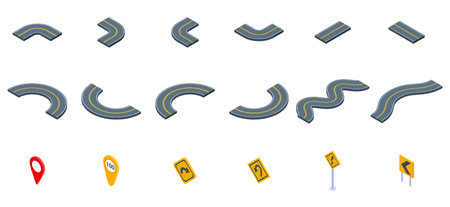 Winding road icons set isometric vector. Vehicle road driving. Car curve distanceのイラスト素材