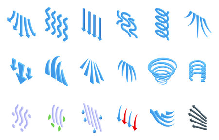 Cold air flow icons set isometric vector. Wind air effect. Wave breath motionのイラスト素材