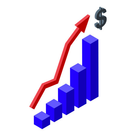 3d illustration of an ascending bar graph with a red arrow and dollar symbol, depicting growthのイラスト素材