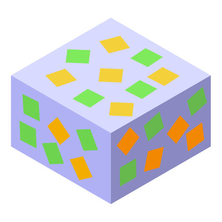 Isometric illustration of a grey cube adorned with a pattern of green and orange squaresのイラスト素材