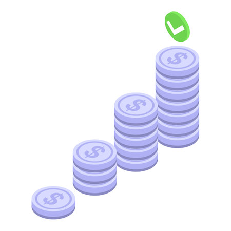 Isometric design of increasing coin stacks with a check mark, symbolizing financial successのイラスト素材