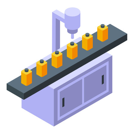 Vector illustration of an isometric assembly line with robotic arm and productsのイラスト素材