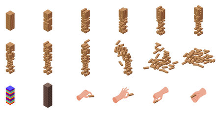 Wood stack balances game vector. A stack of wooden blocks with a hand reaching up to the top. The blocks are of different sizes and are piled on top of each other. Concept of playfulness and creativityのイラスト素材