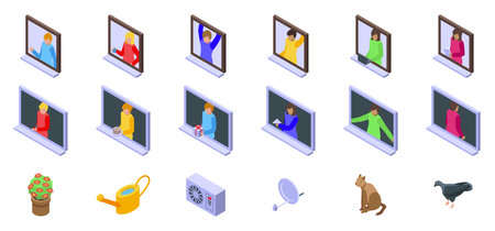 Window neighbor vector. A set of icons depicting people on a computer screen. The icons include a person holding a remote, a person sitting at a desk, and a person standing. Scene is casual and relaxedのイラスト素材