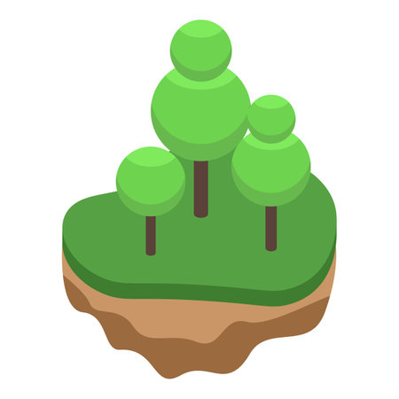 Digital art of a floating isometric land piece with stylized green treesのイラスト素材