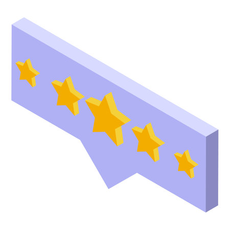 Isometric view of a purple block with five yellow stars, denoting a customer review scoreのイラスト素材