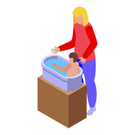 Isometric illustration of a mother bathing her baby in a small blue bathtubのイラスト素材