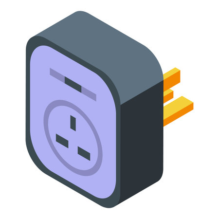 Isometric power adapter icon with electrical plug and 3d illustration for electricity supply and charging equipment, isolated vector accessory for modern technology and convenient travel useのイラスト素材