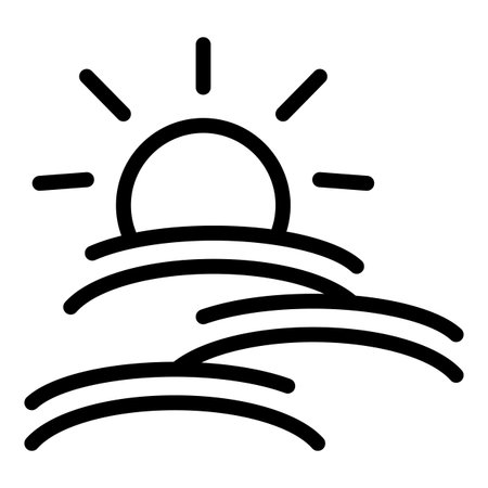 Minimalist black line drawing of a sun rising above ocean waves, ideal for logos or iconsのイラスト素材