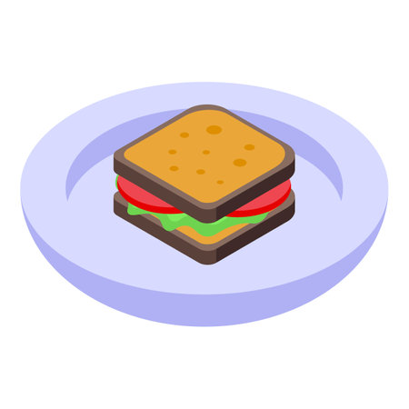 Isometric icon of a tasty sandwich with toasted bread, salad and tomatoes, lying on a plateのイラスト素材