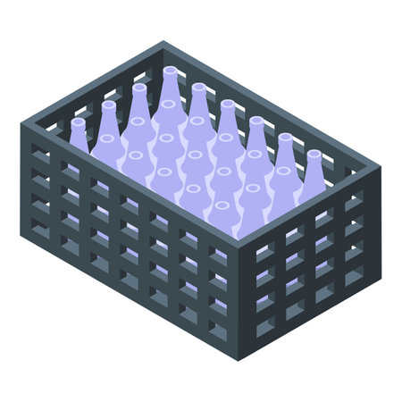 Empty glass bottles standing inside an open black plastic crate for storage or transportationのイラスト素材