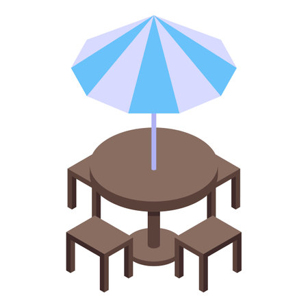 Round wooden table with striped parasol and four stools for outdoor cafe isometric iconのイラスト素材