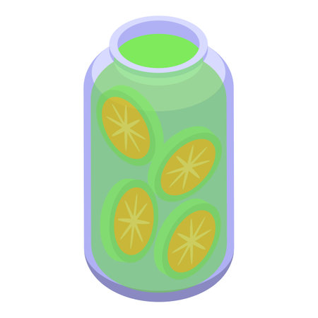 Isometric glass jar filled with sliced citrus fruits soaked in green liquid refreshing summer drinkのイラスト素材