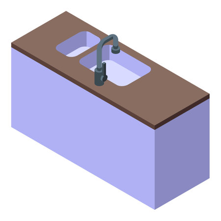 Isometric view of a modern kitchen sink, featuring a stainless steel faucet, a brown countertop, and a sleek, minimalist designのイラスト素材