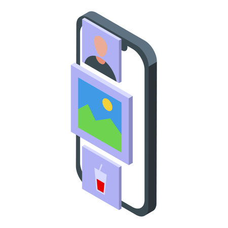 Smartphone displaying a photo gallery, including a profile picture and a landscape photographのイラスト素材