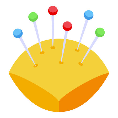 Colorful sewing pins are sticking out of a round yellow pincushion on a white backgroundのイラスト素材