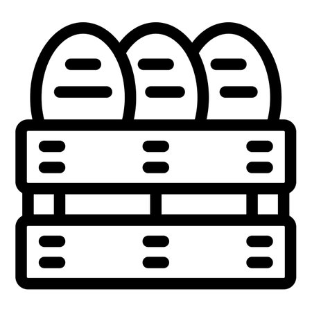 Line art icon of three eggs stacked on top of each other in a wooden crate, representing farming and food distributionのイラスト素材