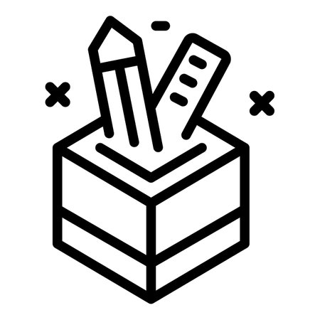 Simple line icon of a pencil and ruler standing upright in a box, perfect for representing school or office suppliesのイラスト素材