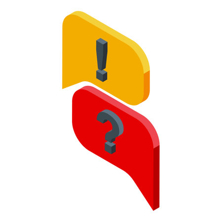 Two isometric chat bubbles, one yellow with an exclamation mark and one red with a question mark, representing problem solvingのイラスト素材