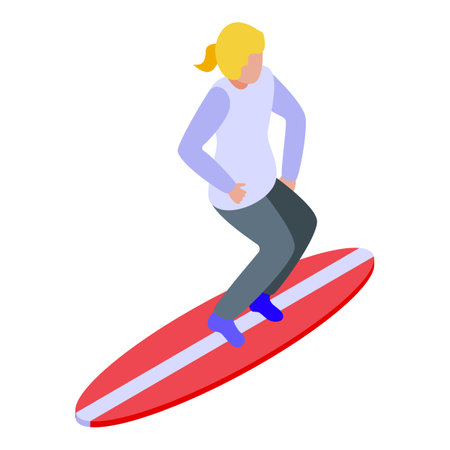 Illustration of a young woman keeping her balance while surfing on a red surfboardのイラスト素材