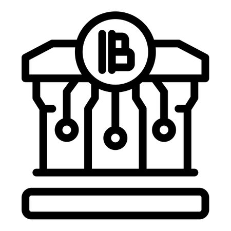 Line art icon of a bank building with a bitcoin symbol on top, representing the merging of traditional finance and cryptocurrencyのイラスト素材