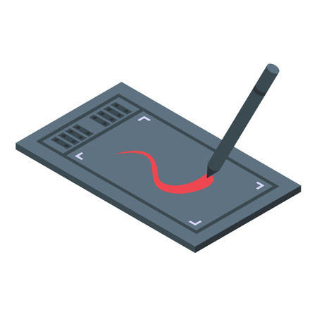Digital drawing tablet with pen drawing a red curve on a gray backgroundのイラスト素材
