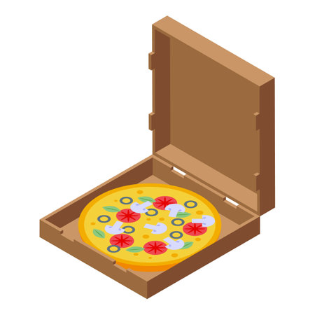 Tasty pizza with olives and mushrooms lying in open cardboard box ready for fast deliveryのイラスト素材