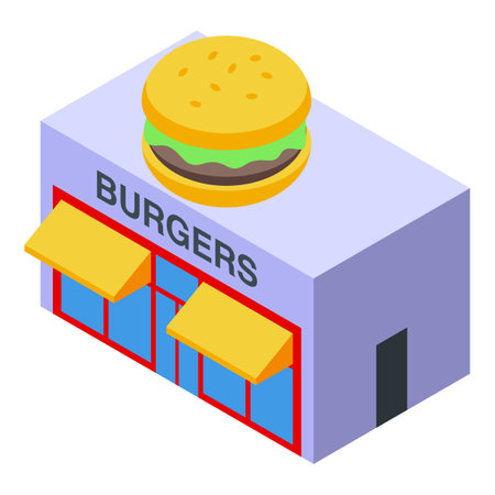Isometric burger restaurant building with big burger on roof is attracting customersのイラスト素材