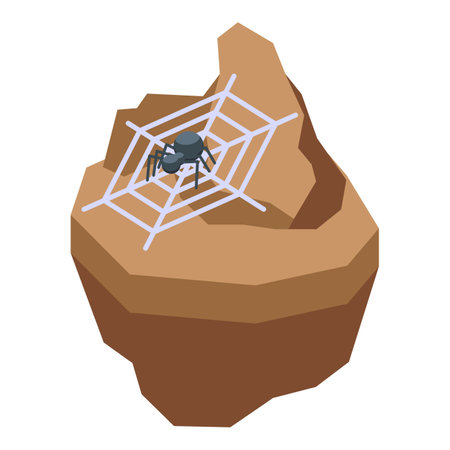 Spooky black spider is weaving its web on top of a rockのイラスト素材