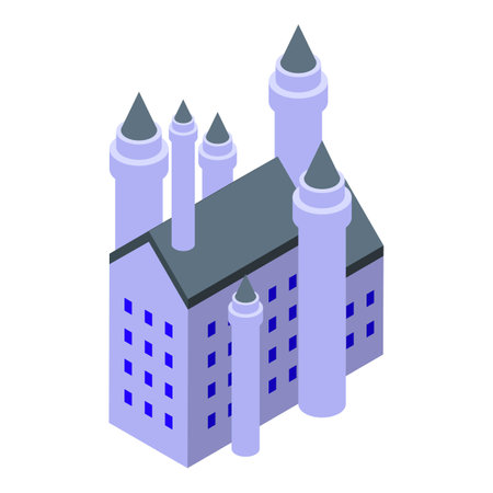 Medieval castle with towers and walls standing on white backgroundのイラスト素材