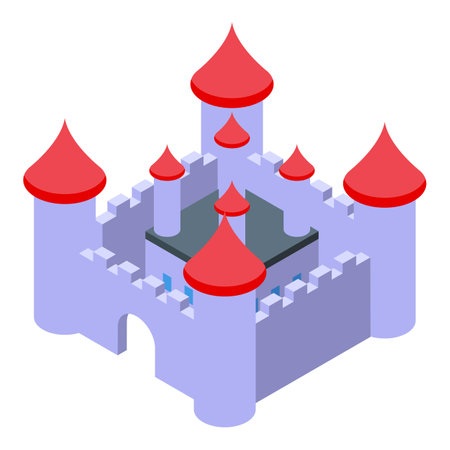 Illustration of a medieval castle with red rooftops and towers, evoking a sense of history, fantasy, and grandeurのイラスト素材