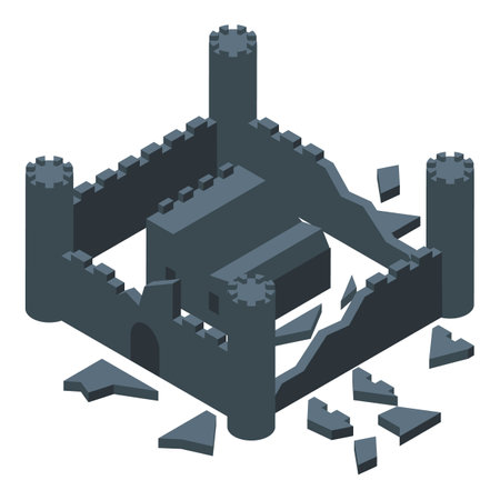 Isometric view of a medieval fortress with broken walls and towers, symbolizing destruction and defeatのイラスト素材