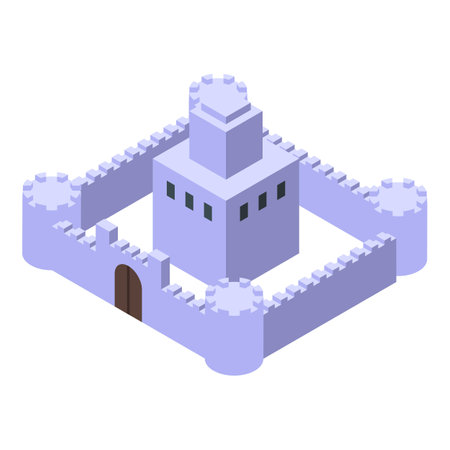 Low poly, isometric illustration of a medieval fortress with towering walls and a gate, perfect for historical or fantasy projectsのイラスト素材