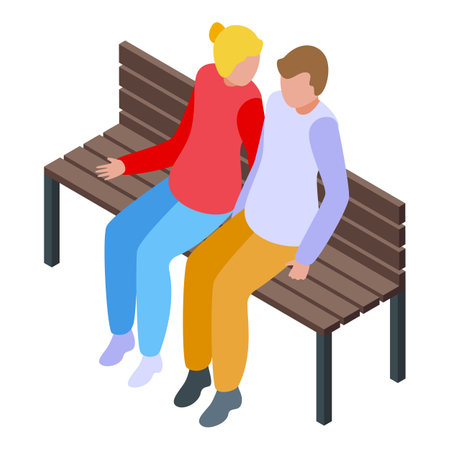 Young couple is spending time together, sitting on a park bench and having a pleasant conversationのイラスト素材
