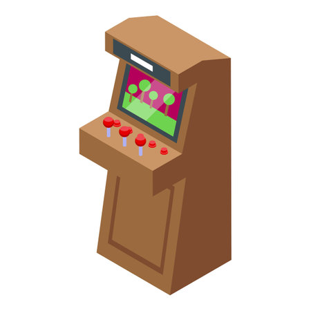 Arcade game machine with joysticks and buttons is displaying pixelated landscape on a screenのイラスト素材