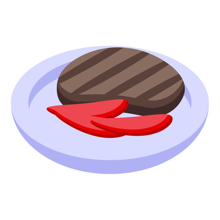 Grilled steak lying on plate with red pepper isometric icon, restaurant and cafe conceptのイラスト素材