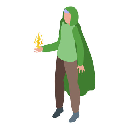 Sorcerer wearing a green cloak is conjuring a lightning spell in his handのイラスト素材