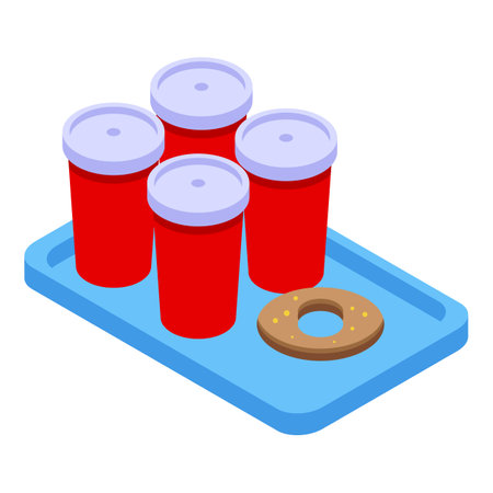 Four red paper coffee cups with white plastic lids and a donut sitting on a blue trayのイラスト素材