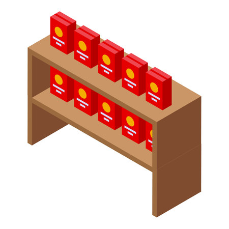 Supermarket shelf displaying cereal boxes isometric viewのイラスト素材