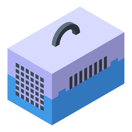 Blue plastic pet carrier for transporting cats and dogs, with ventilation windows and a handle for easy carryingのイラスト素材