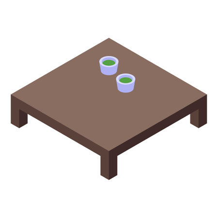 Square wooden table with two cups of green tea standing on top, isolated on white backgroundのイラスト素材
