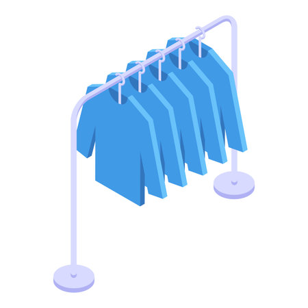 Row of blue long sleeved shirts hanging on a metal clothing rackのイラスト素材